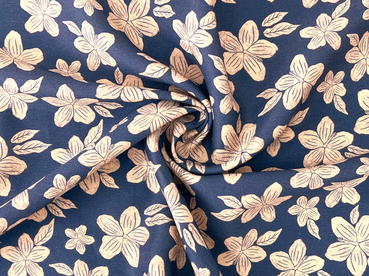 Hawaiian-Inspired Floral Print Fabric – Navy & Beige | Ramie Cotton Satin Weave, Pre-Washed 8275