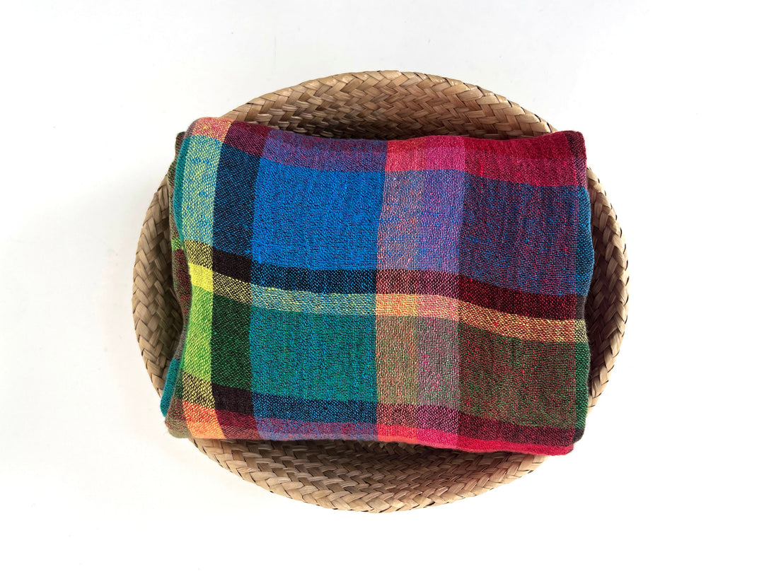 Vivid Multicolor Madras Plaid Linen Blend Fabric – Light Weight with Natural Wrinkle Effect  7587