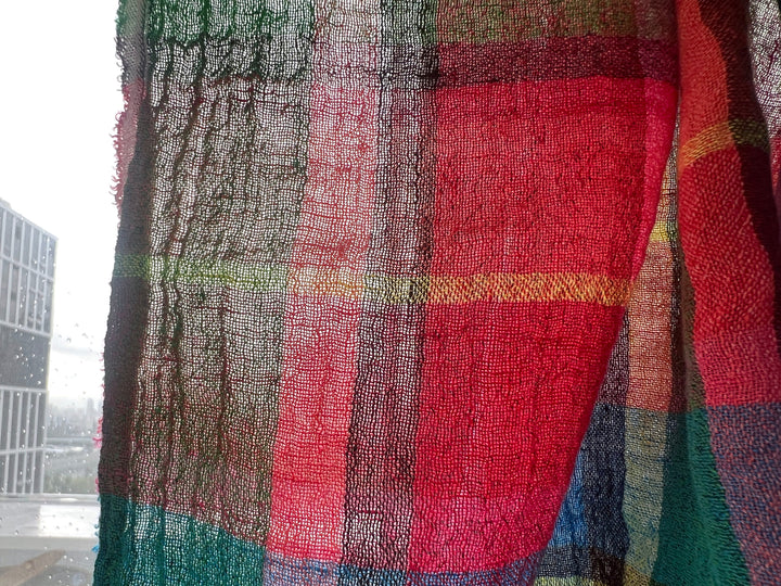 Vivid Multicolor Madras Plaid Linen Blend Fabric – Light Weight with Natural Wrinkle Effect  7587