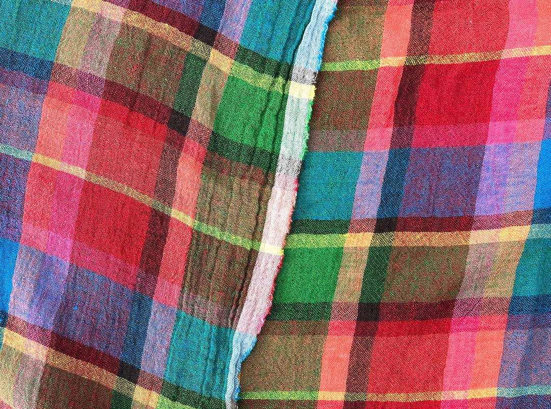 Vivid Multicolor Madras Plaid Linen Blend Fabric – Light Weight with Natural Wrinkle Effect  7587