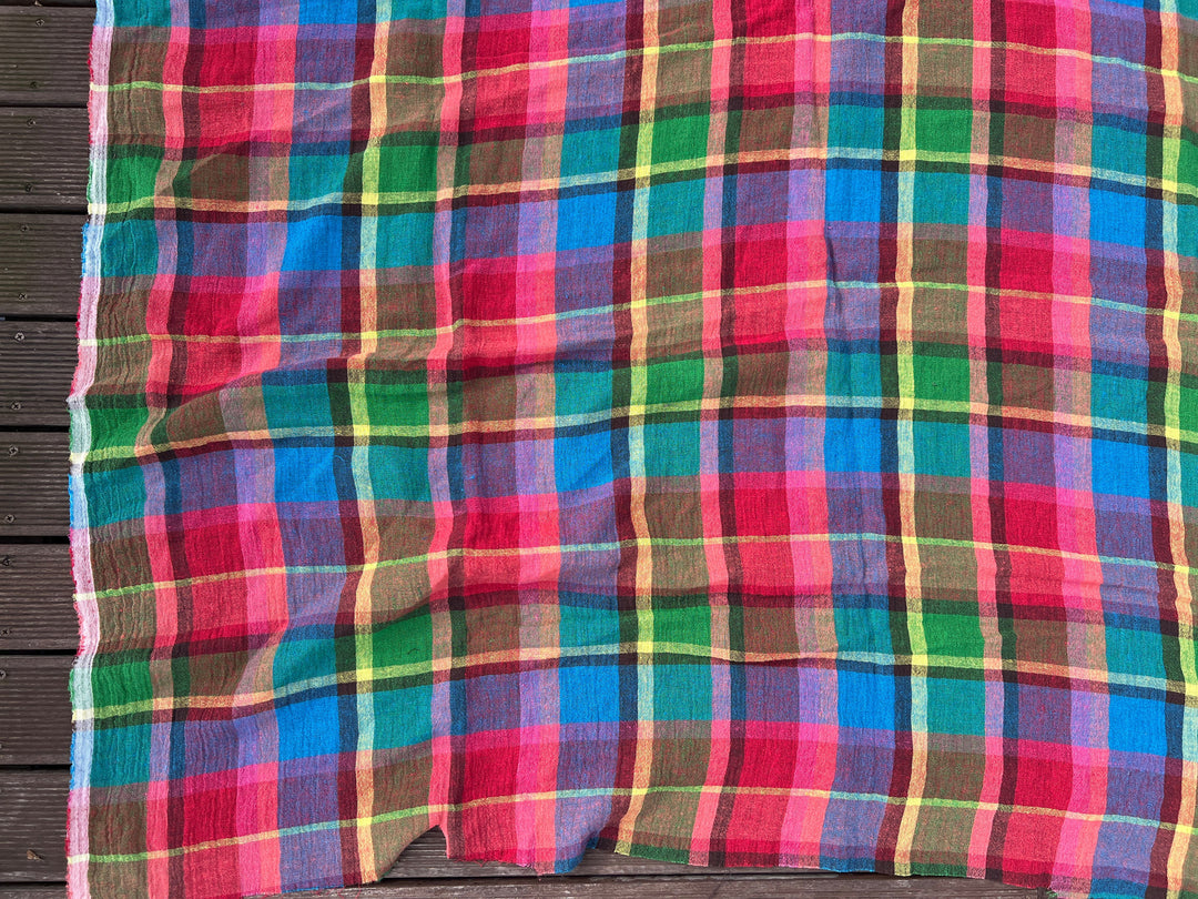 Vivid Multicolor Madras Plaid Linen Blend Fabric – Light Weight with Natural Wrinkle Effect  7587
