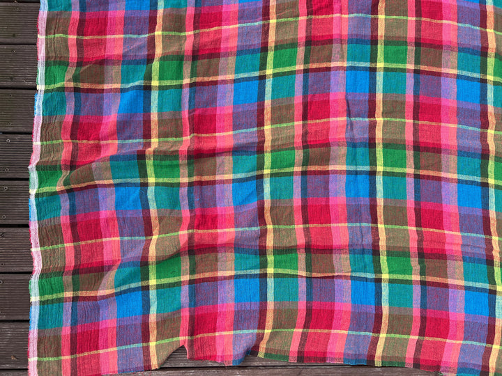 Vivid Multicolor Madras Plaid Linen Blend Fabric – Light Weight with Natural Wrinkle Effect  7587