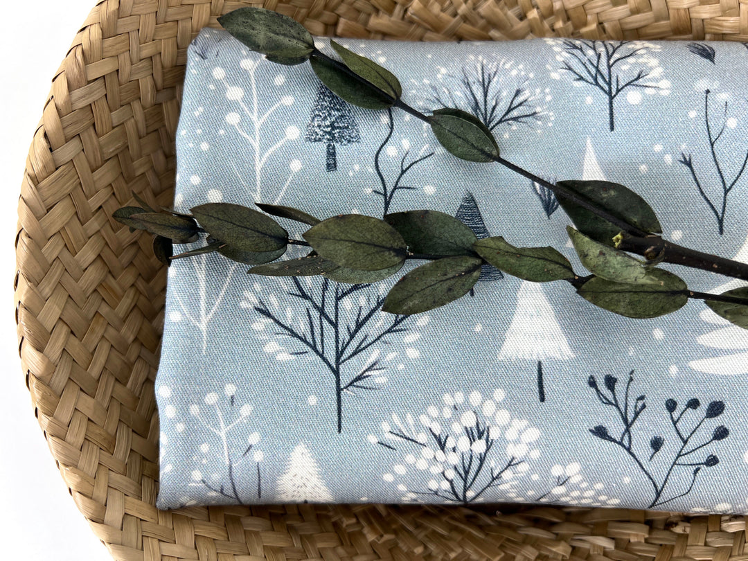 Scandinavian Winter Forest Print Rayon Wool Fabric – Light Twill Weave, Soft Pre-Washed