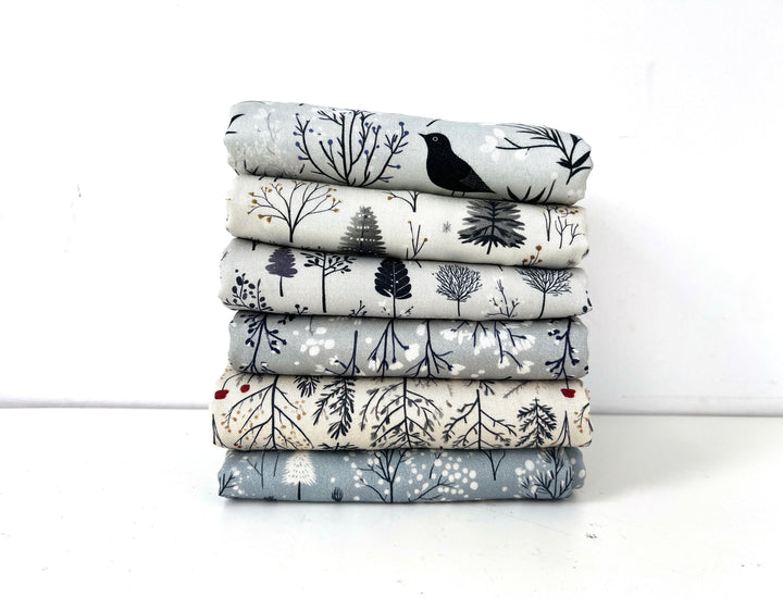 Scandinavian Winter Forest Print Rayon Wool Fabric – Light Twill Weave, Soft Pre-Washed