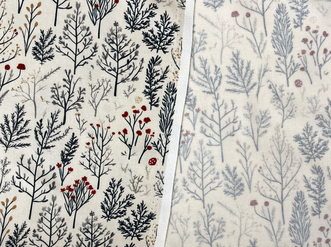 Scandinavian Winter Forest Print Rayon Wool Fabric – Light Twill Weave, Soft Pre-Washed