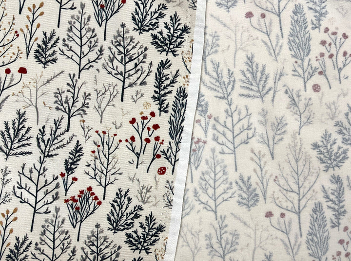 Scandinavian Winter Forest Print Rayon Wool Fabric – Light Twill Weave, Soft Pre-Washed