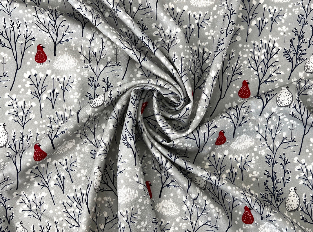 Scandinavian Winter Forest Print Rayon Wool Fabric – Light Twill Weave, Soft Pre-Washed