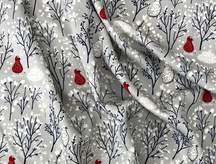 Scandinavian Winter Forest Print Rayon Wool Fabric – Light Twill Weave, Soft Pre-Washed