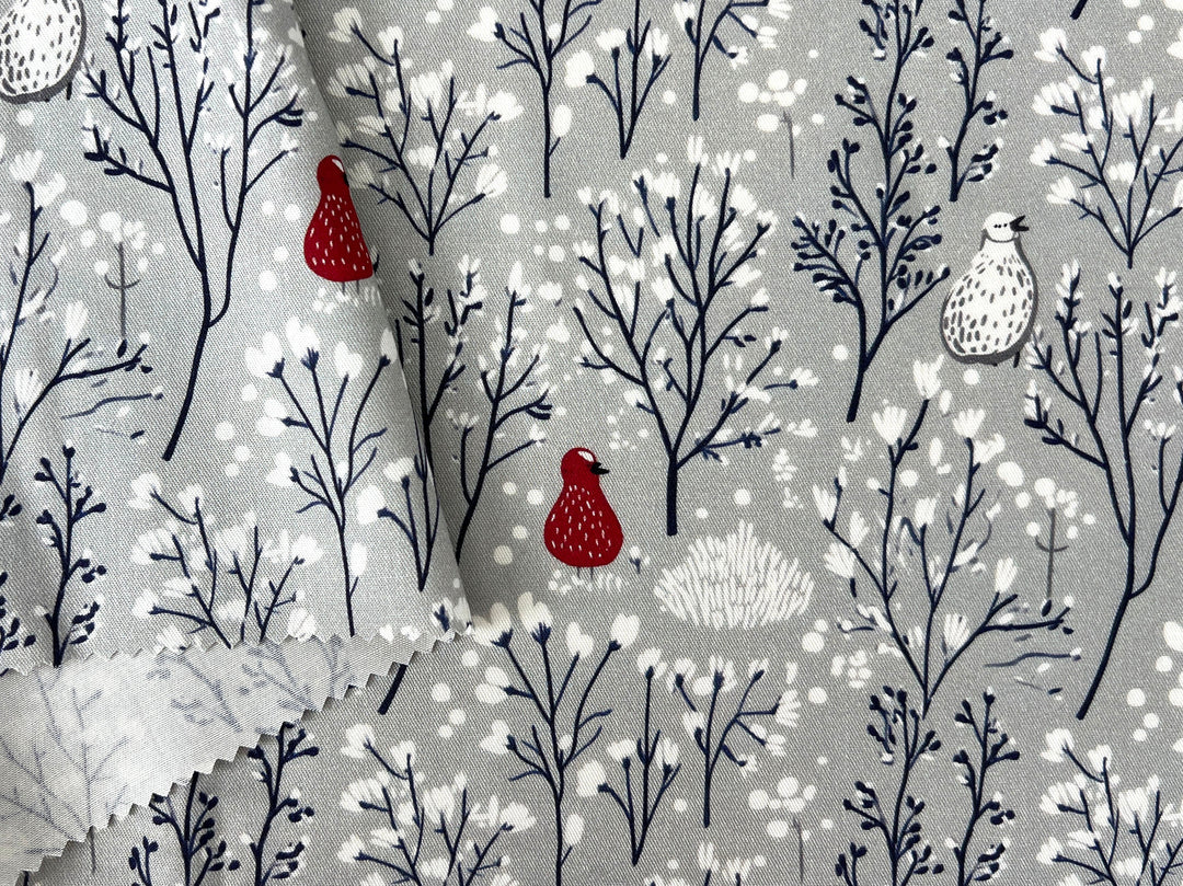 Scandinavian Winter Forest Print Rayon Wool Fabric – Light Twill Weave, Soft Pre-Washed