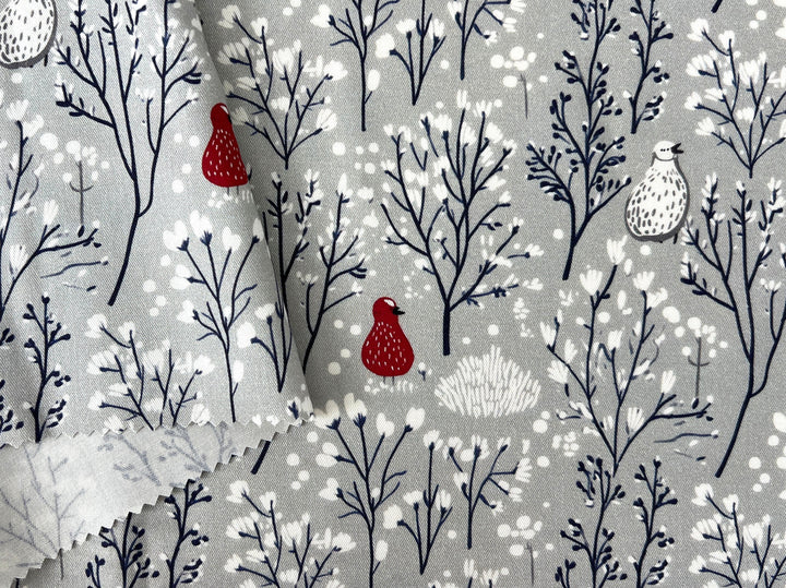 Scandinavian Winter Forest Print Rayon Wool Fabric – Light Twill Weave, Soft Pre-Washed