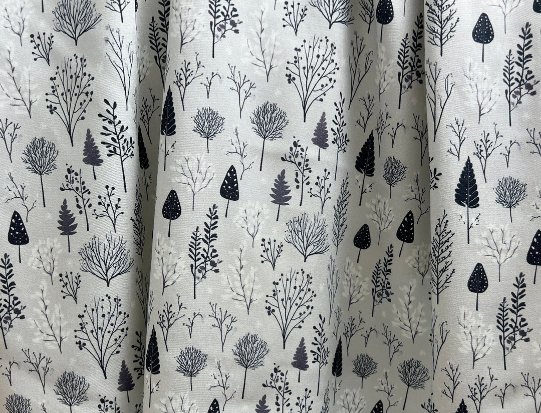 Scandinavian Winter Forest Print Rayon Wool Fabric – Light Twill Weave, Soft Pre-Washed