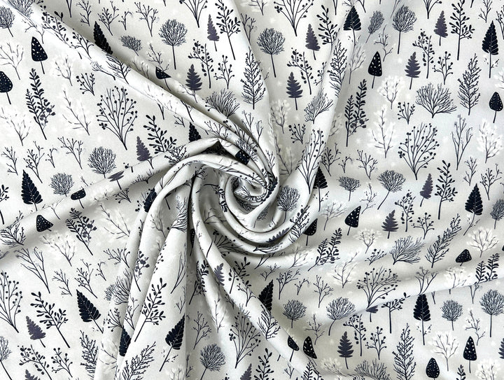 Scandinavian Winter Forest Print Rayon Wool Fabric – Light Twill Weave, Soft Pre-Washed