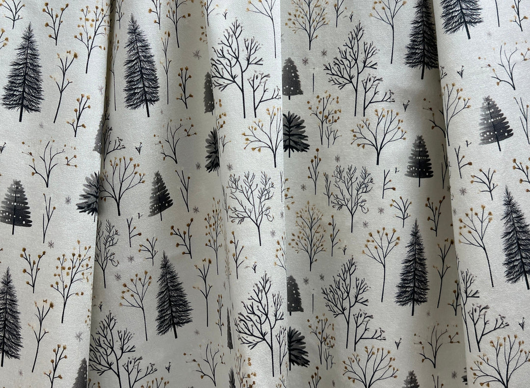 Scandinavian Winter Forest Print Rayon Wool Fabric – Light Twill Weave, Soft Pre-Washed