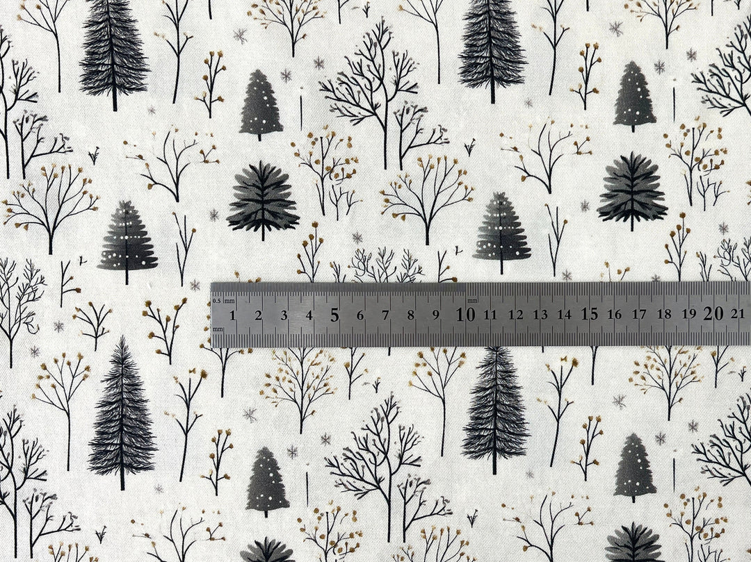 Scandinavian Winter Forest Print Rayon Wool Fabric – Light Twill Weave, Soft Pre-Washed
