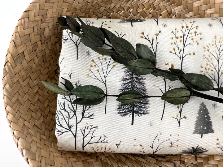 Scandinavian Winter Forest Print Rayon Wool Fabric – Light Twill Weave, Soft Pre-Washed