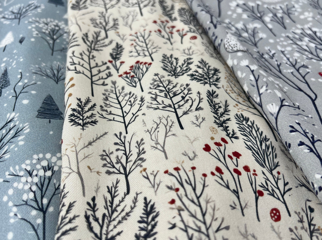 Scandinavian Winter Forest Print Rayon Wool Fabric – Light Twill Weave, Soft Pre-Washed