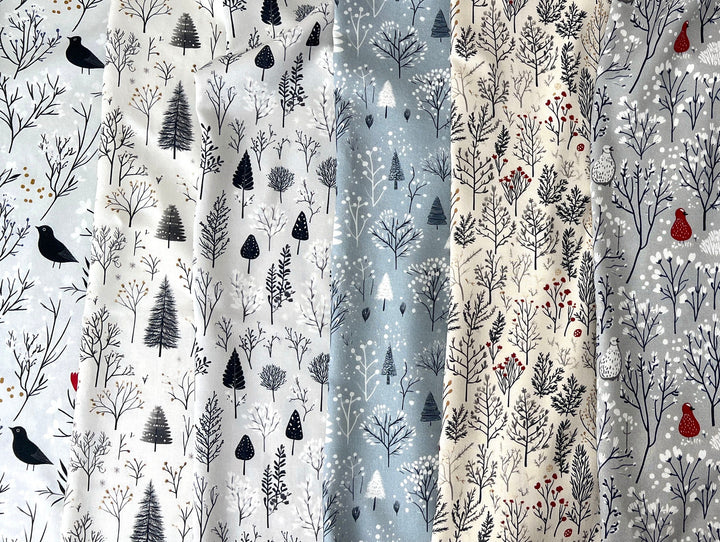 Scandinavian Winter Forest Print Rayon Wool Fabric – Light Twill Weave, Soft Pre-Washed