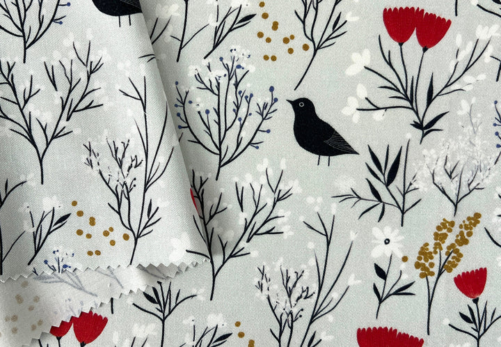 Scandinavian Winter Forest Print Rayon Wool Fabric – Light Twill Weave, Soft Pre-Washed