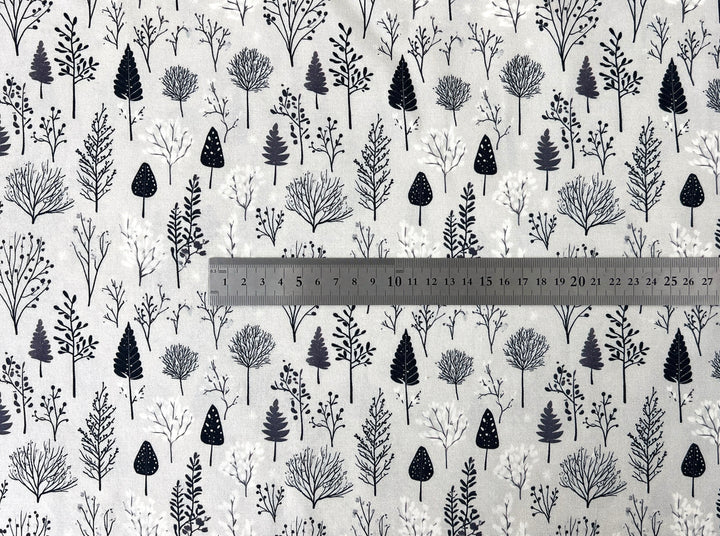 Scandinavian Winter Forest Print Rayon Wool Fabric – Light Twill Weave, Soft Pre-Washed
