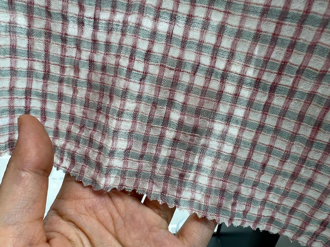 Linen Cotton Seersucker Fabric with Small Checks – Natural Stretch Texture 8217