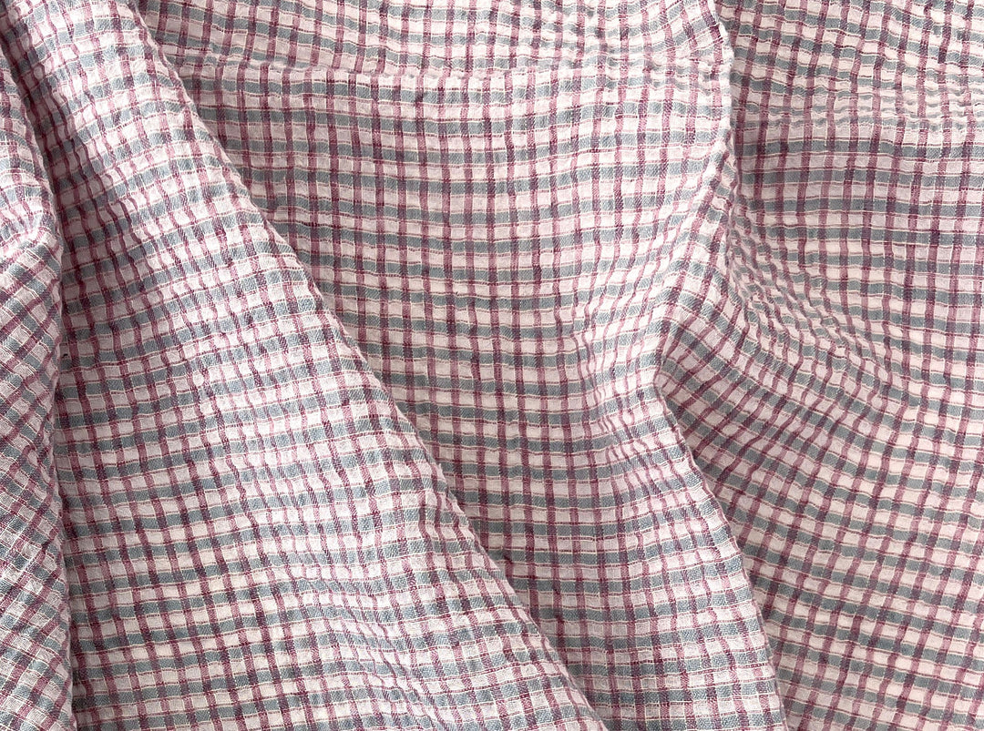 Linen Cotton Seersucker Fabric with Small Checks – Natural Stretch Texture 8217
