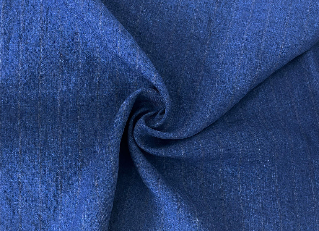 100% Linen Delavé Stripe Fabric – Deep Blue with Subtle Brown Lines, Medium Weight 8238