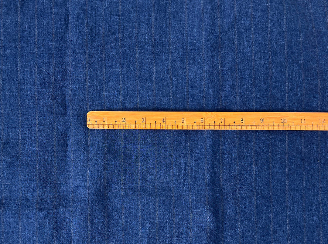 100% Linen Delavé Stripe Fabric – Deep Blue with Subtle Brown Lines, Medium Weight 8238