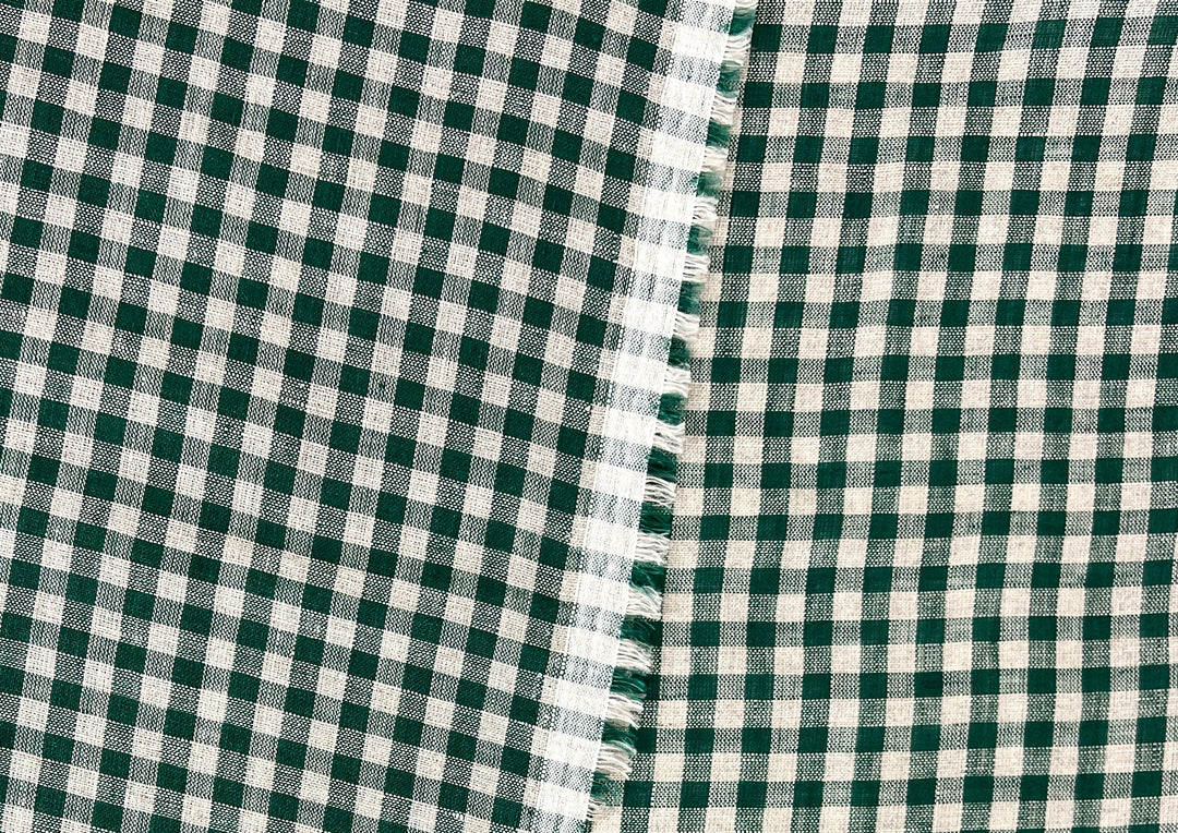 100% Linen Forest Green Gingham Check Fabric 8287