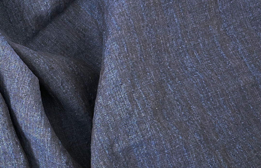 Dark Navy 100% Linen Fabric with Subtle Dobby Stripes 8255