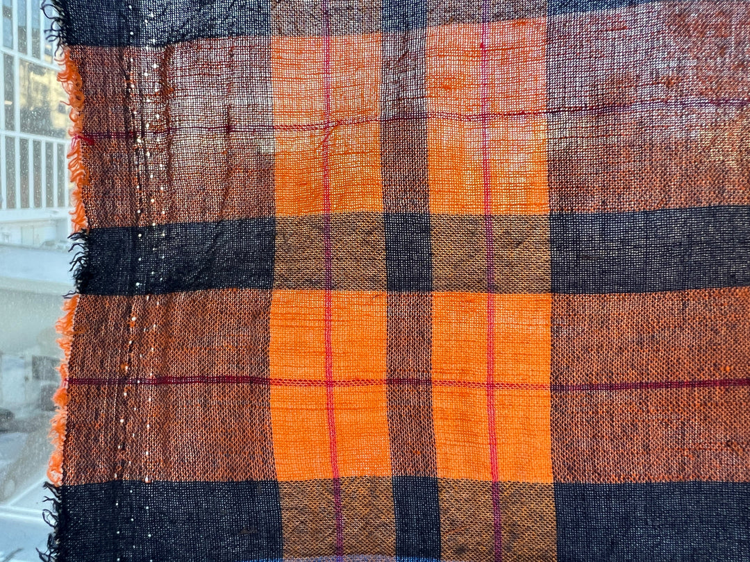 Lightweight Linen Cotton Tencel Plaid Fabric – Navy / Orange Check 8042