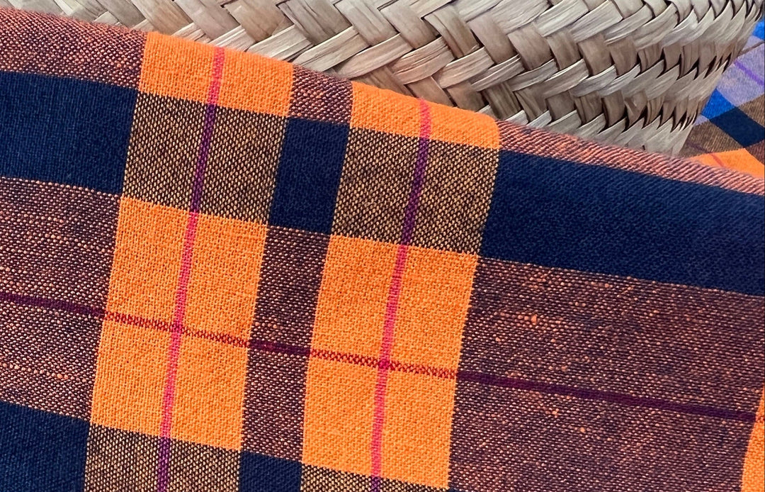 Lightweight Linen Cotton Tencel Plaid Fabric – Navy / Orange Check 8042