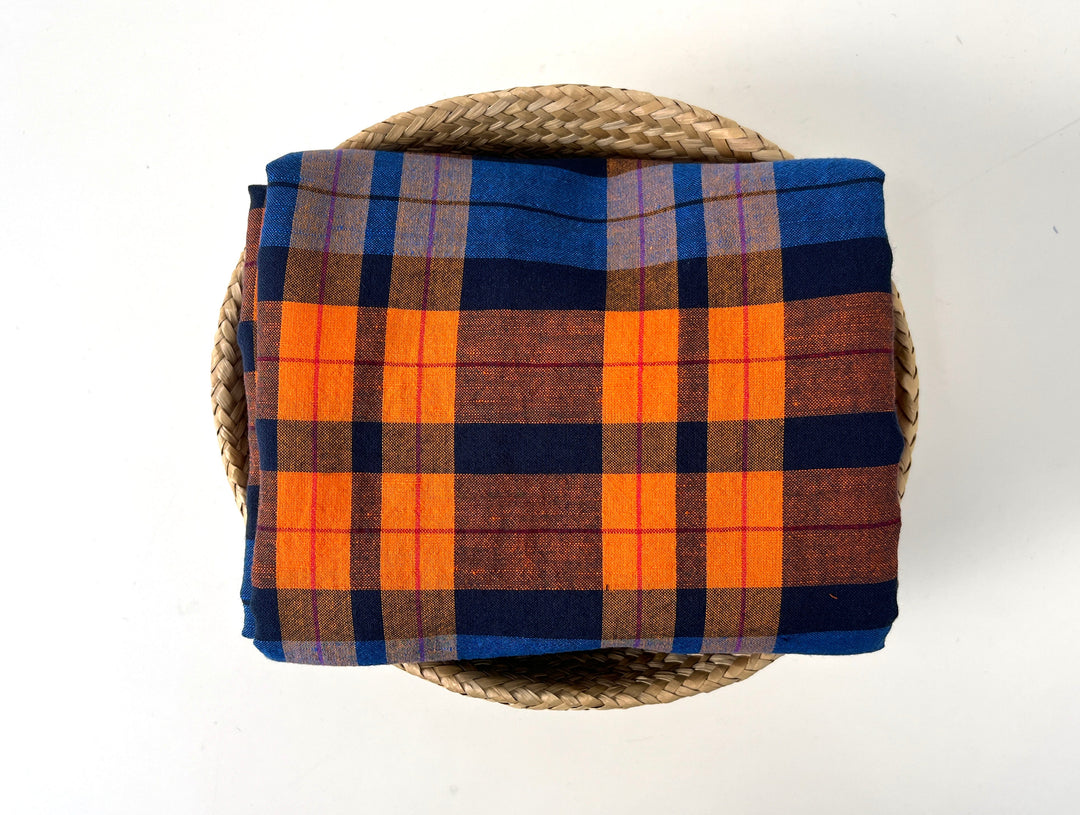 Lightweight Linen Cotton Tencel Plaid Fabric – Navy / Orange Check 8042