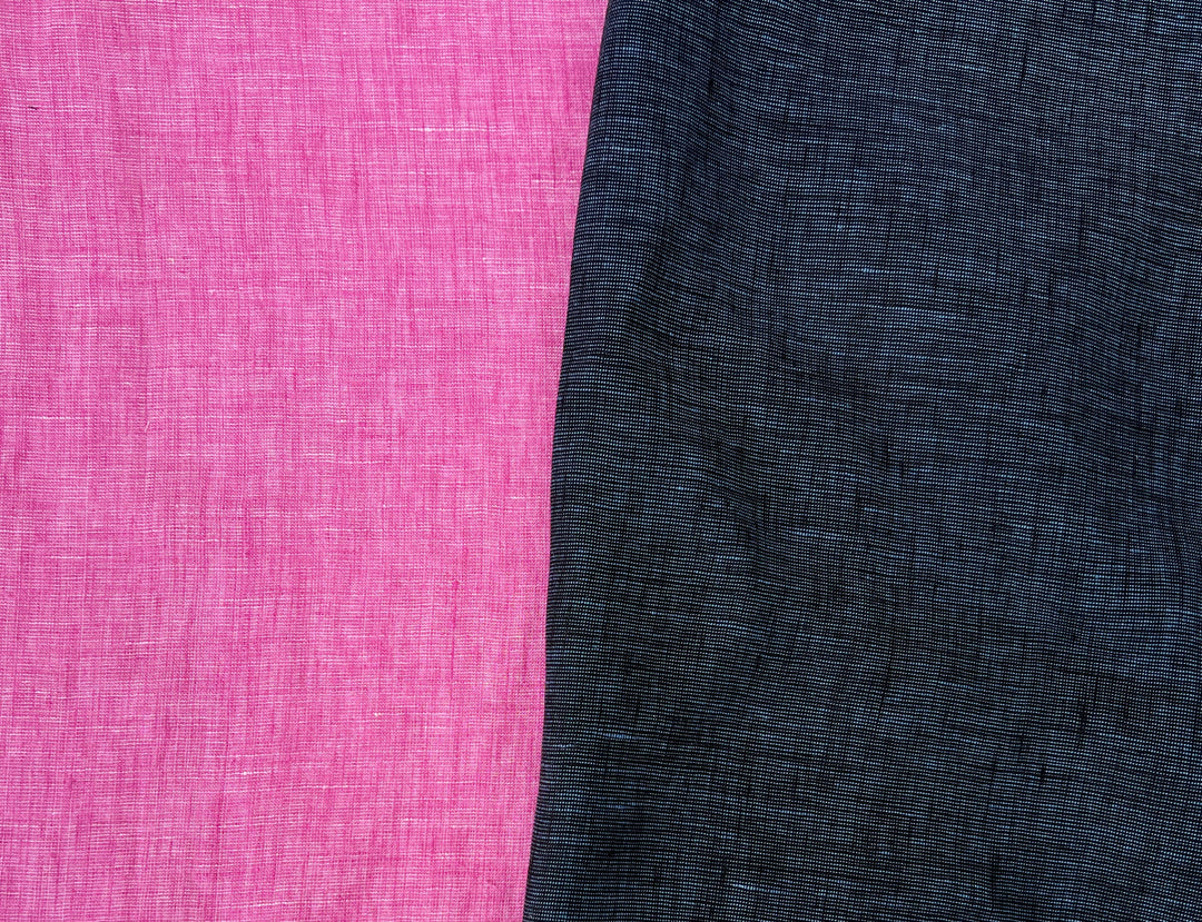 100% Linen Dot Chambray Fabric - Soft Blue & Grey, Fine 21s Yarn Pink 6450