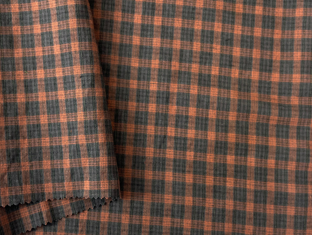 Linen Cotton Tencel Blend Fabric | Brown Madras Plaid | Lightweight and Natural Soft Touch 8359