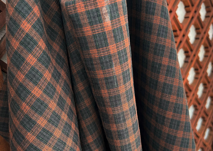 Linen Cotton Tencel Blend Fabric | Brown Madras Plaid | Lightweight and Natural Soft Touch 8359