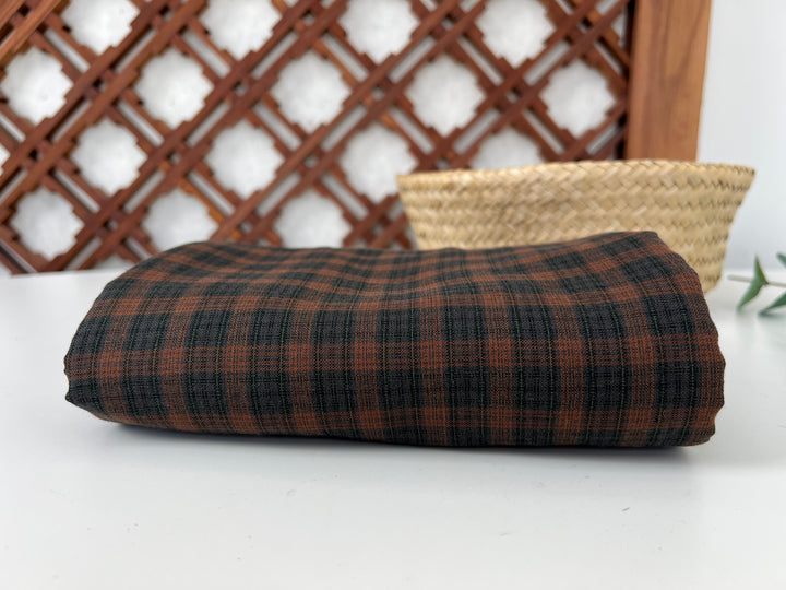 Linen Cotton Tencel Blend Fabric | Brown Madras Plaid | Lightweight and Natural Soft Touch 8359