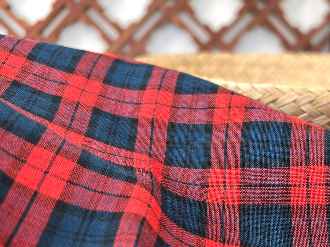 Linen Cotton Tencel Blend Fabric | Navy & Red Madras Plaid | Lightweight and Soft Touch 8363
