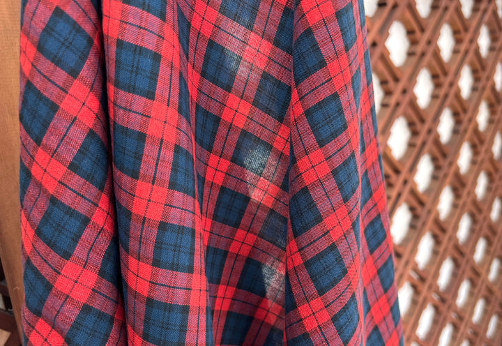 Linen Cotton Tencel Blend Fabric | Navy & Red Madras Plaid | Lightweight and Soft Touch 8363