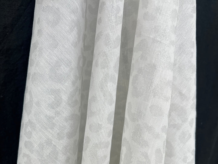 Linen Rayon Blend Fabric | Double-Sided Silver Foil Leopard Print | Lightweight White 8394