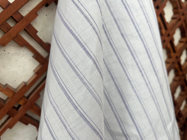 100% Linen Ticking Stripe Fabric | Bluish-Violet & Off-White | Light Weight 8399