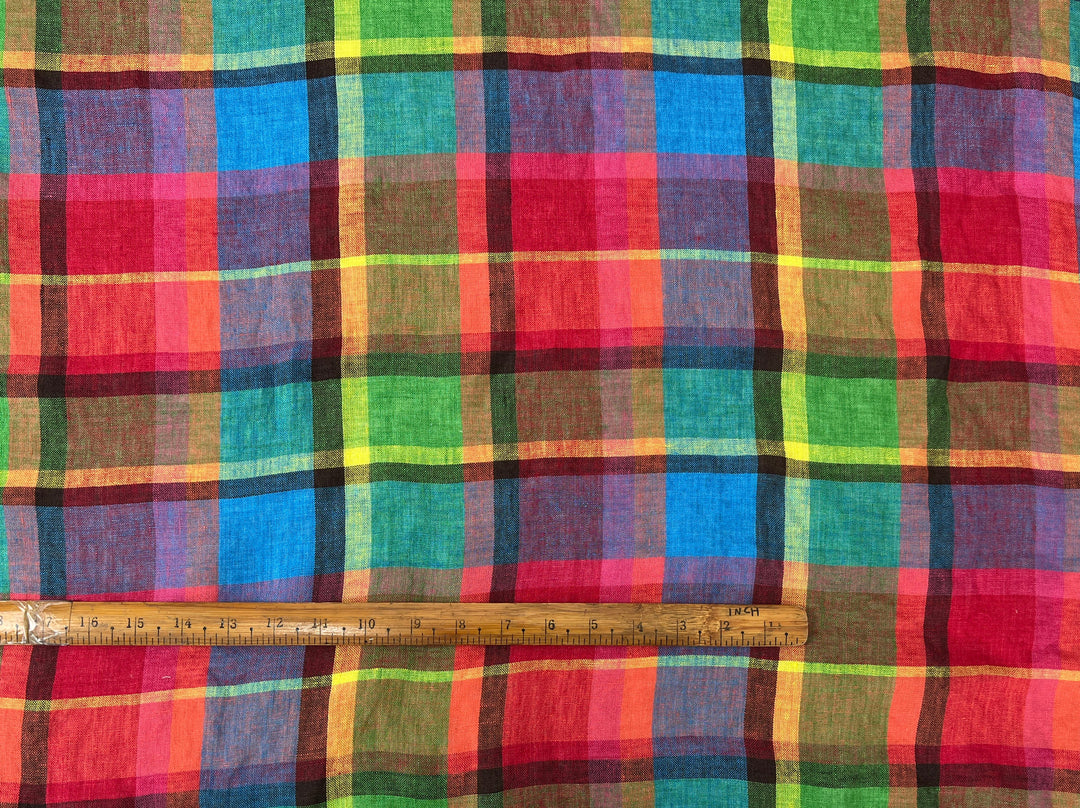 100% Linen Vibrant Multicolor Madras Plaid Fabric 8435 | Medium - Light Weight | Pre-Washed Soft Finish