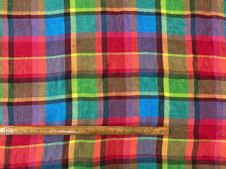 100% Linen Vibrant Multicolor Madras Plaid Fabric 8435 | Medium - Light Weight | Pre-Washed Soft Finish