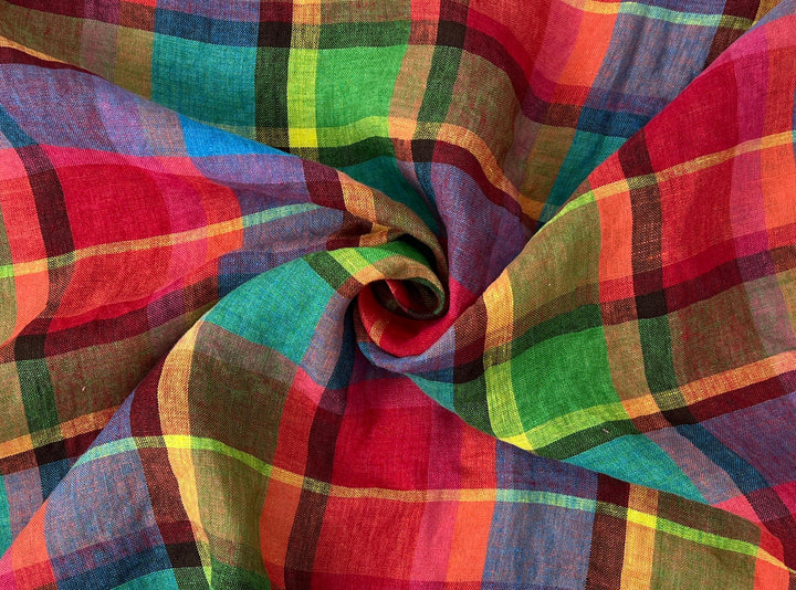 100% Linen Vibrant Multicolor Madras Plaid Fabric 8435 | Medium - Light Weight | Pre-Washed Soft Finish