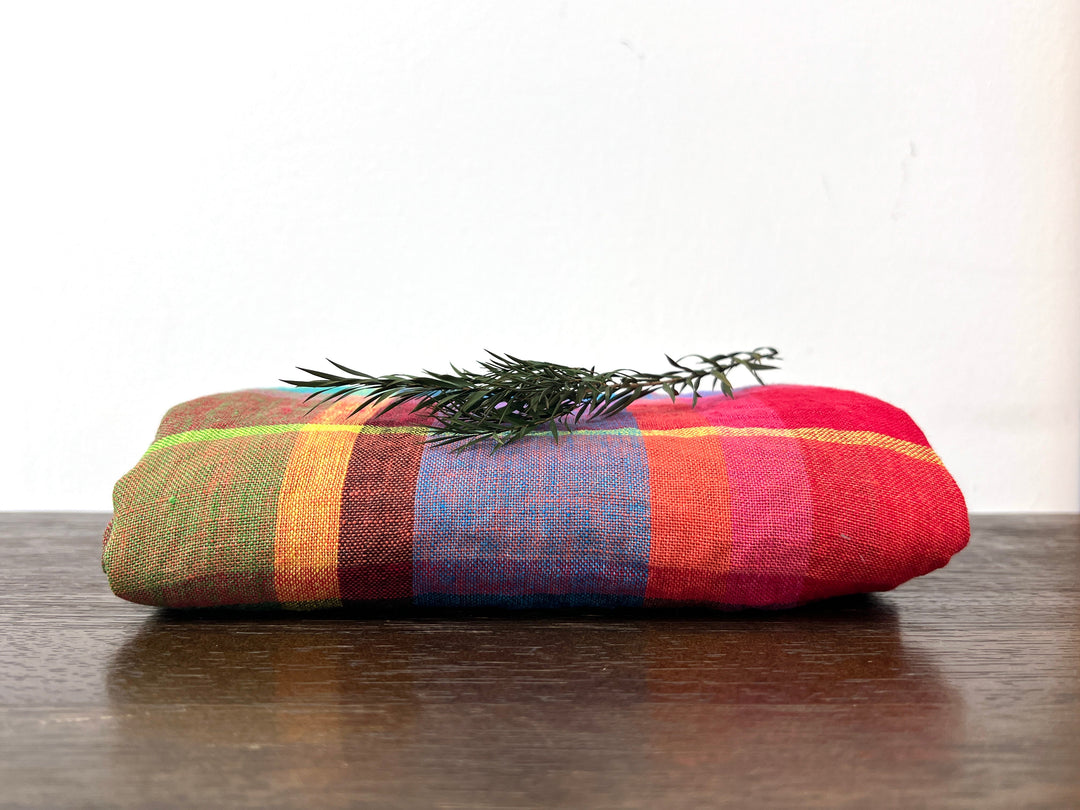 100% Linen Vibrant Multicolor Madras Plaid Fabric 8435 | Medium - Light Weight | Pre-Washed Soft Finish