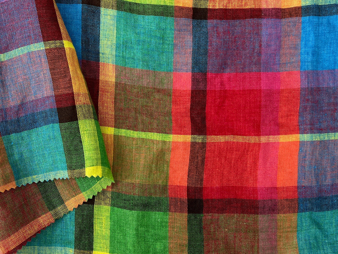 100% Linen Vibrant Multicolor Madras Plaid Fabric 8435 | Medium - Light Weight | Pre-Washed Soft Finish