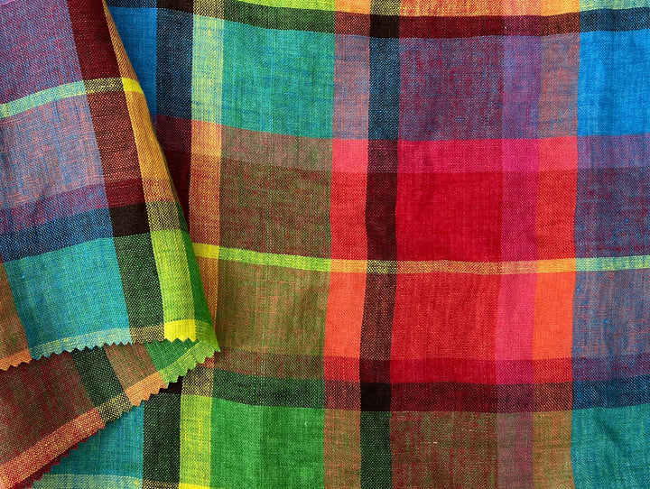 100% Linen Vibrant Multicolor Madras Plaid Fabric 8435 | Medium - Light Weight | Pre-Washed Soft Finish