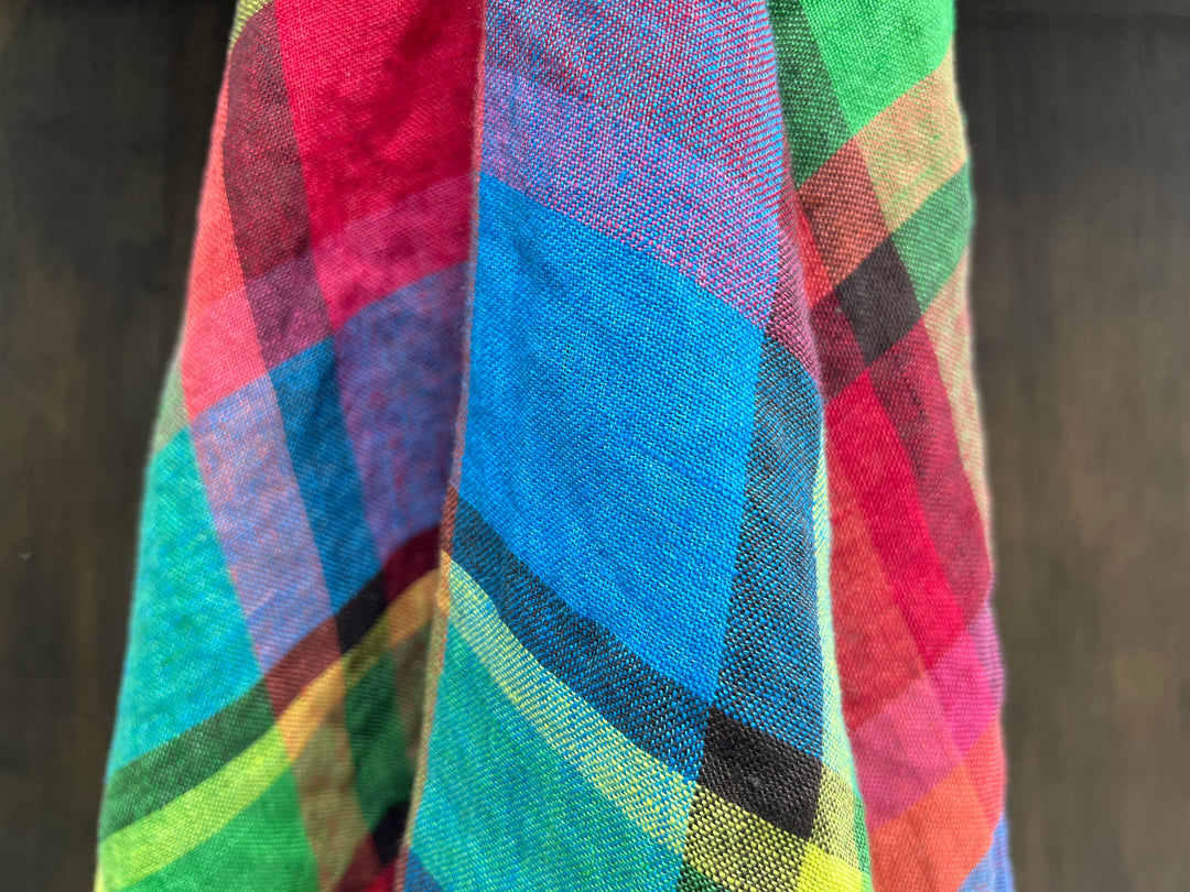 100% Linen Vibrant Multicolor Madras Plaid Fabric 8435 | Medium - Light Weight | Pre-Washed Soft Finish