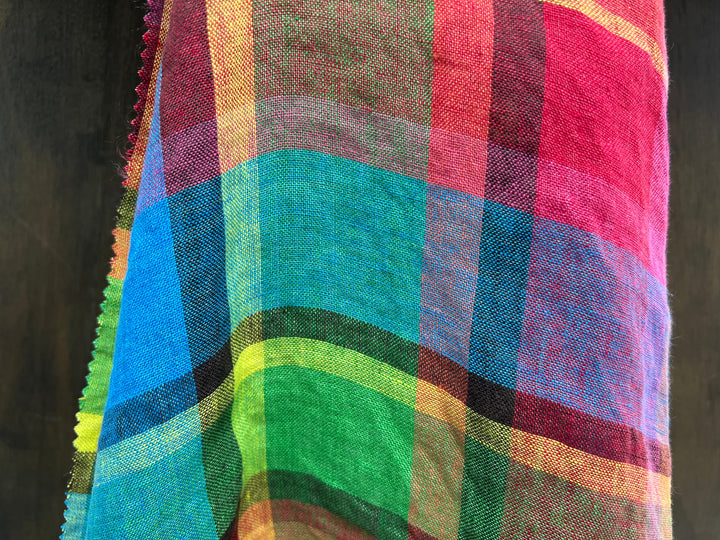 100% Linen Vibrant Multicolor Madras Plaid Fabric 8435 | Medium - Light Weight | Pre-Washed Soft Finish