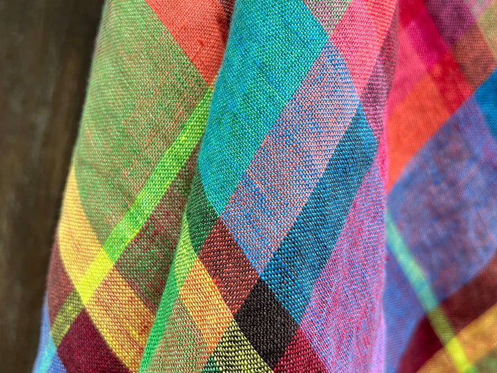 100% Linen Vibrant Multicolor Madras Plaid Fabric 8435 | Medium - Light Weight | Pre-Washed Soft Finish