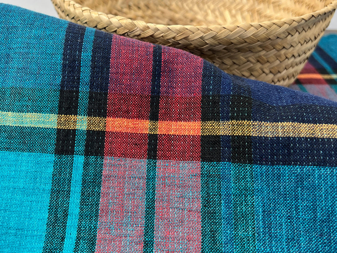 Double-Face Linen Cotton Plaid Fabric | Reversible Solid Back | 52"  7718 7719